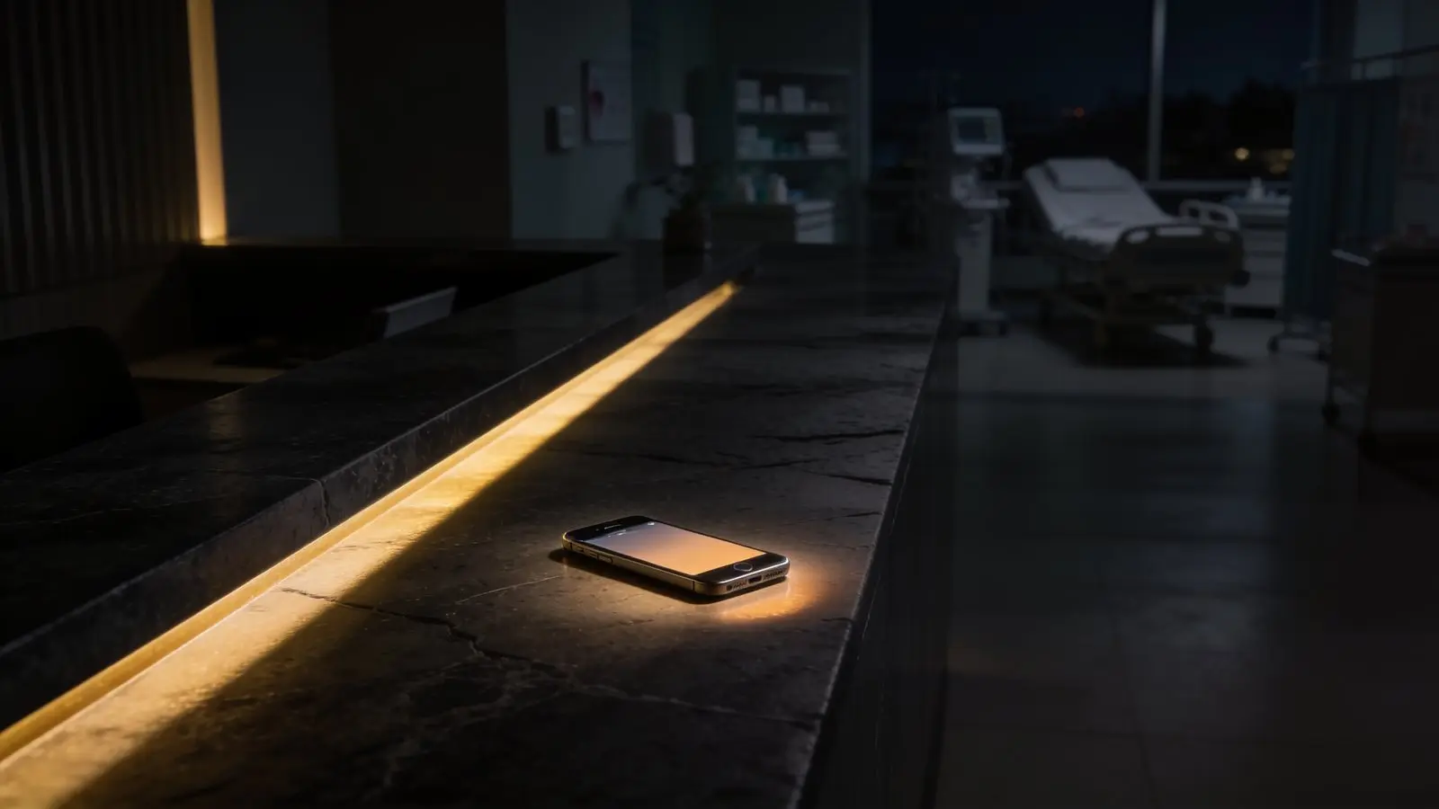 Un teléfono encendido sobre el mostrador a oscuras de la recepción de una clínica, iluminado por una franja de luz cálida.