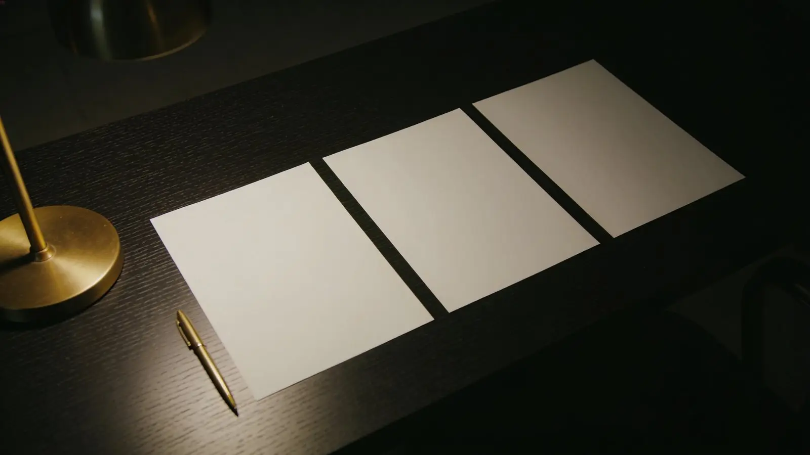 Tres hojas en blanco alineadas en diagonal sobre un escritorio oscuro, bajo la luz de una lámpara de bronce.