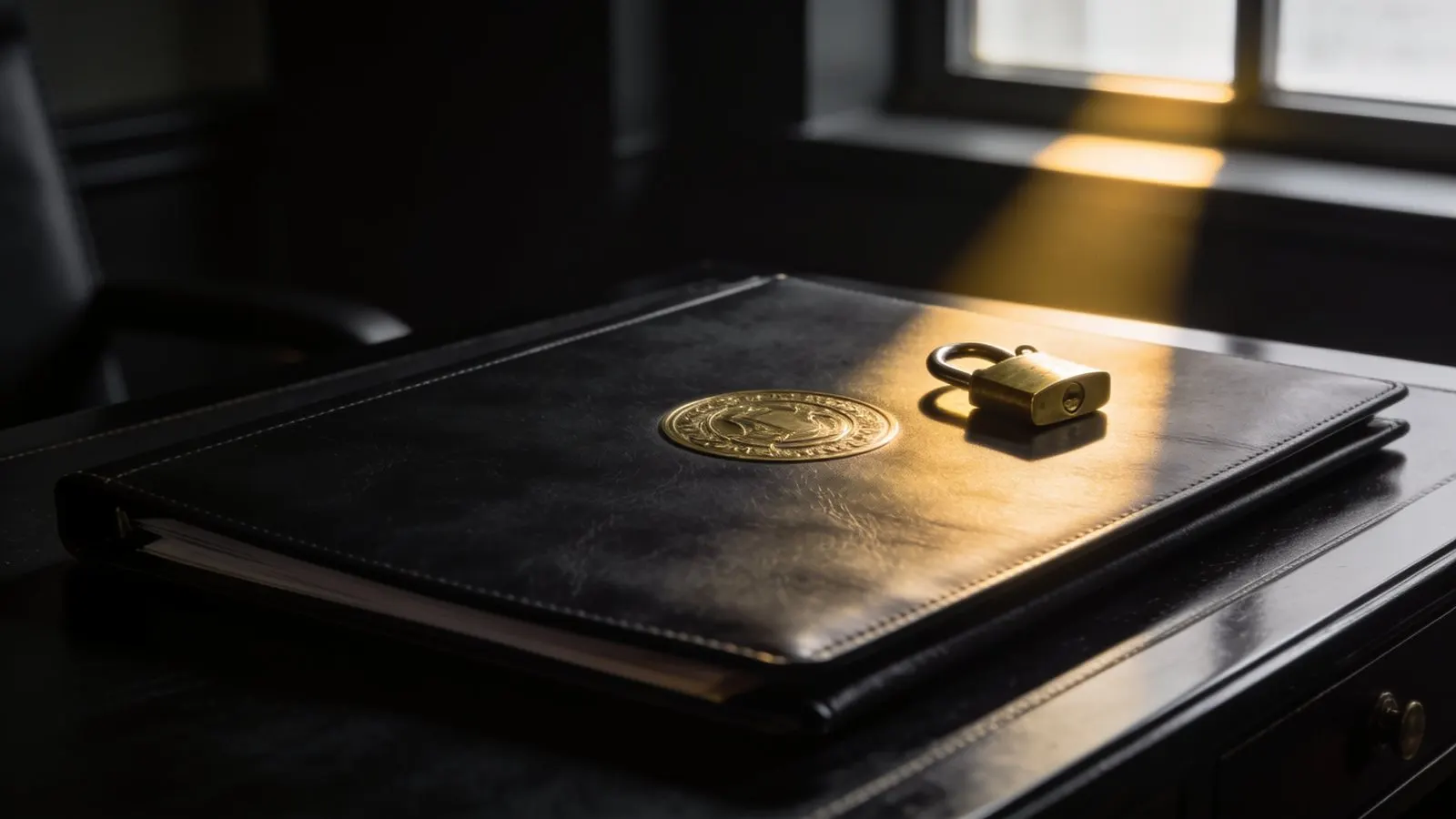 Una carpeta de documentos cerrada sobre un escritorio negro, con un sello y un candado de bronce encima.