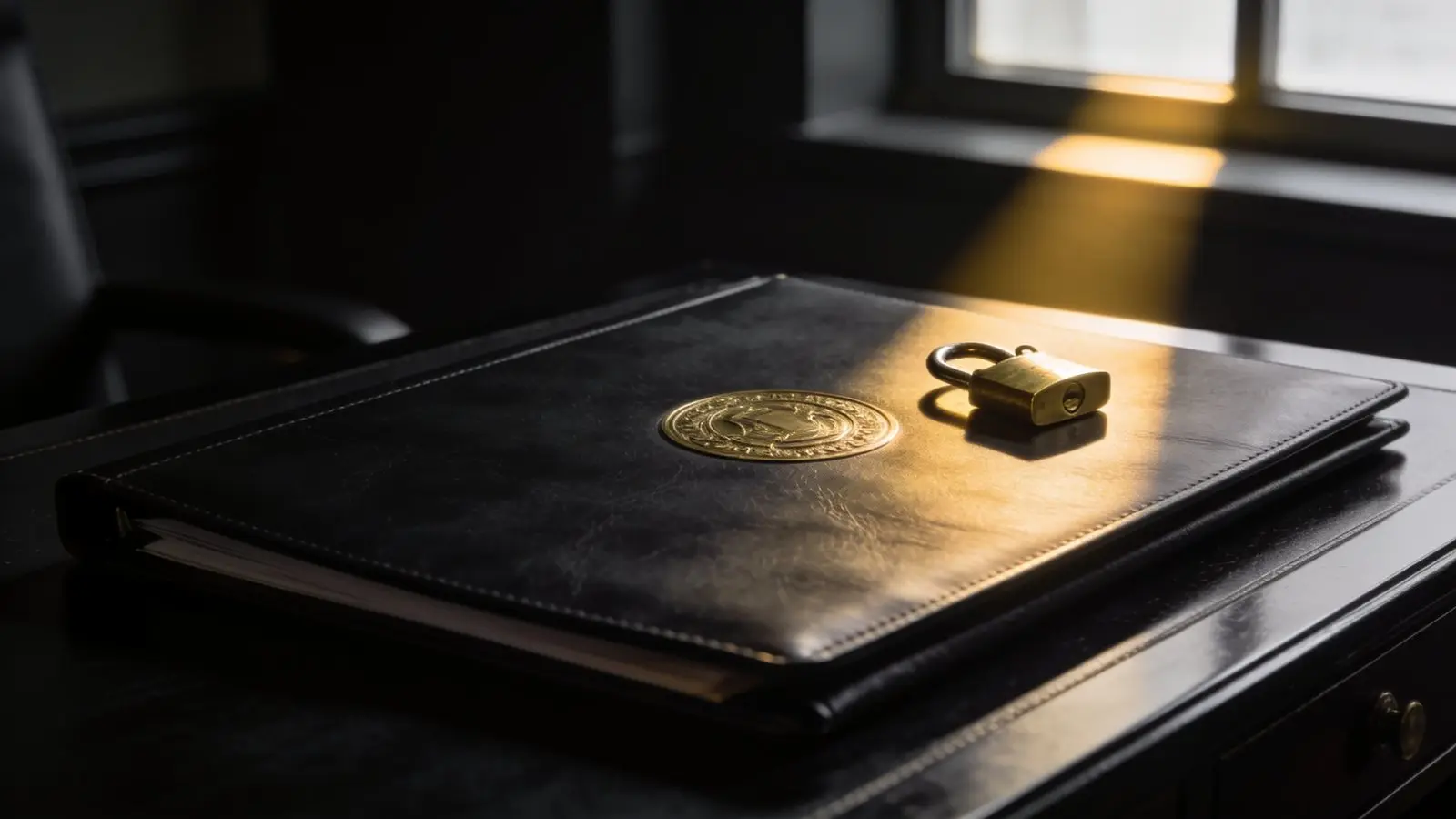 Una carpeta de documentos cerrada sobre un escritorio negro, con un sello y un candado de bronce encima.